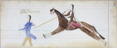 白人が部分的にインディアンに変わった、1877-79年のブラックホースレジャーのイラスト（紙に鉛筆とクレヨン） 作： American School