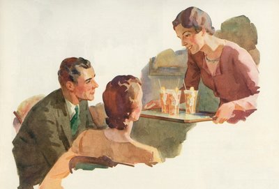 友人にアイスティーを振る舞う女性 作： American School