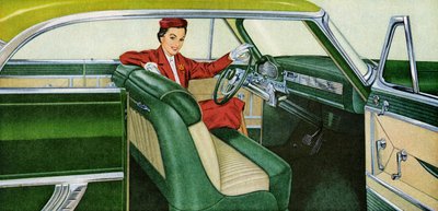 1950年代のクーペの運転席に座る女性 作： American School