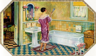 アールデコ調のバスルームに立つ女性 作： American School