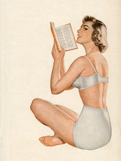 ランジェリー姿で座って本を読む女性 作： American School