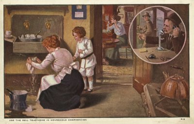 配管工に電話をかける女性（カラーリトグラフ 作： American School