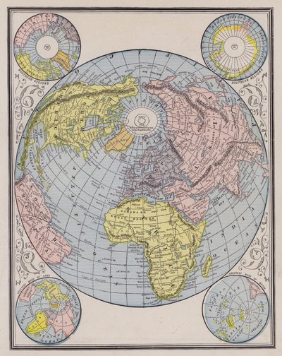 大陸、極地、海面の変化を示した世界地図（彩色された彫刻）。 作： American School
