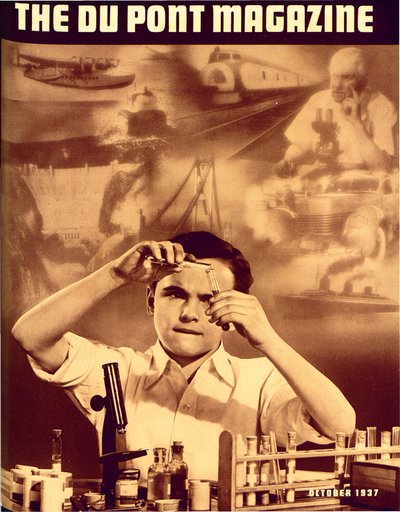 化学セットを持つ少年、1937年10月のデュポン誌の表紙 作： American School