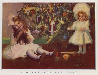 クリスマスに贈られた新しい人形ではなく、古い人形を手にする少女（カラーリトグラフ） 作： アメリカの学校