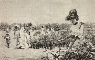 イタリア、ミラノのブレラを歩く女性、アメリーノ・カニョーニ (1853-1923) 作の絵画「マッジョ (5 月)」からの彫刻、L