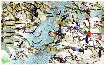 ネイティブアメリカンの戦士、c1900によって追跡された川を渡って後退するアメリカの騎兵 作： Amos Bad Heart Buffalo