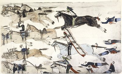1876年6月25～26日、リトル・ビッグ・ホーンの戦い。マーカス・リノ少佐率いるアメリカ第7騎兵大隊の退却。エイモス・バッドハート・バッファロー（スー族）の絵 1900年頃 作： Amos Bad Heart Buffalo