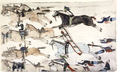 リトル ビッグホーンの戦い、モンタナ州、アメリカ合衆国、1876 年 6 月 25 ～ 26 日 c1900 作： Amos Bad Heart Buffalo