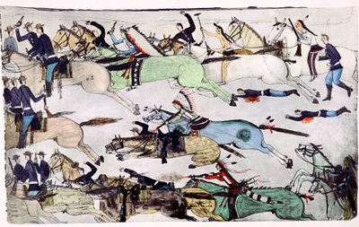 リトルビッグホーンの戦い、モンタナ州、アメリカ、1876年6月25〜26日、c1900 作： Amos Bad Heart Buffalo