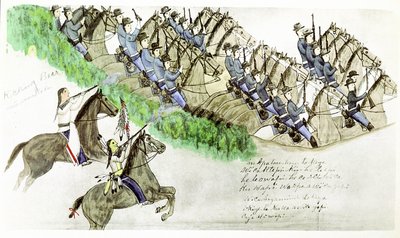 1876年6月25日、モンタナ州リトル・ビッグ・ホーン川の戦いの始まり。平原インディアンとアメリカ騎兵隊。スー族インディアンAmos Bad Heart Buffaloの絵より。 作： Amos Bad Heart Buffalo