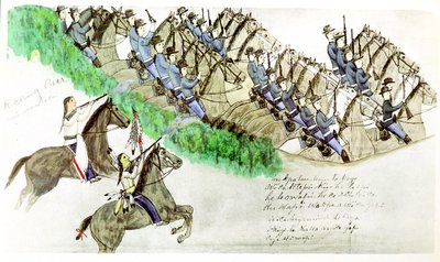 アメリカ、モンタナ州、リトルビッグホーンの戦いの始まり、1876年6月25日、c1900 作： Amos Bad Heart Buffalo