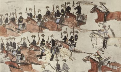 マーカス・リノ少佐がインディアンの反撃前に退却（紙にインク） 作： Amos Bad Heart Buffalo