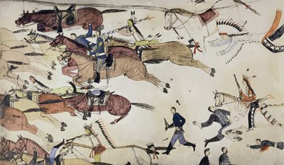 マーカス・リノ少佐の命令の撤退（紙にインク） 作： Amos Bad Heart Buffalo