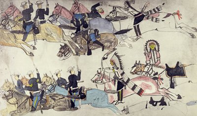 マーカス・リノ少佐の命令の撤退（紙にインク） 作： Amos Bad Heart Buffalo