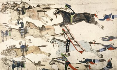 マーカス・リノ少佐の命令の撤退（紙にインク） 作： Amos Bad Heart Buffalo