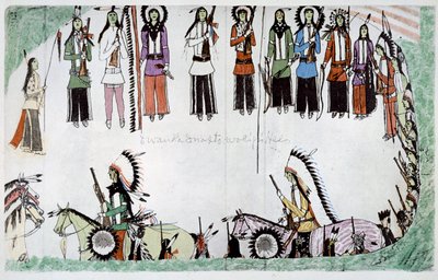 「スムージング・ザ・プレイス・ダンス」、c1889-1913 作： Amos Bad Heart Buffalo