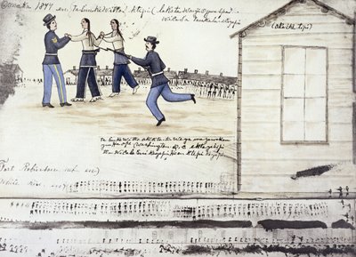 1877年のネブラスカ州フォートロビンソンでのクレイジーホース（1842年〜77年頃）の死（紙にインク） 作： Amos Bad Heart Buffalo
