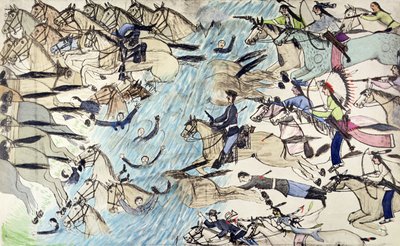 川を横切って運転されている兵士（紙にインク） 作： Amos Bad Heart Buffalo