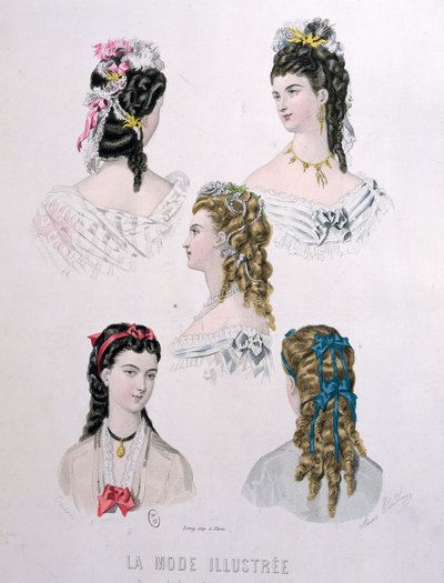 リボン付きヘアスタイル、「La Mode Illustree」のイラスト、1872年（カラー彫刻） 作： Anais Toudouze