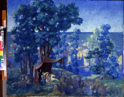 海で水浴び。 アナトリー・アファナシエビッチ・アラポフ (1876-1949) の絵画。 キャンバスに油彩、80 x 98 cm 作： Anatoli Afanasyevich Arapov