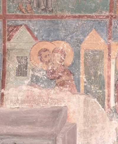 12世紀のゴールデンゲートでの聖人ヨアヒムとアンの出会い 作： Ancient Russian frescos