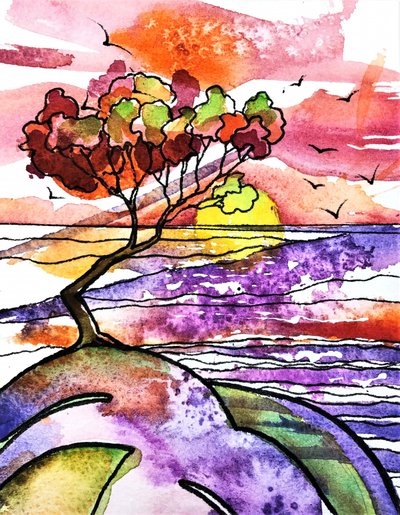 鮮やかな海に沈む夕日 作： Anda Bieza