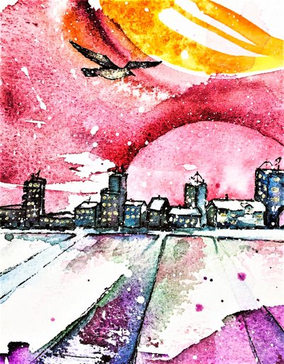 冬の街の夕日 作： Anda Bieza