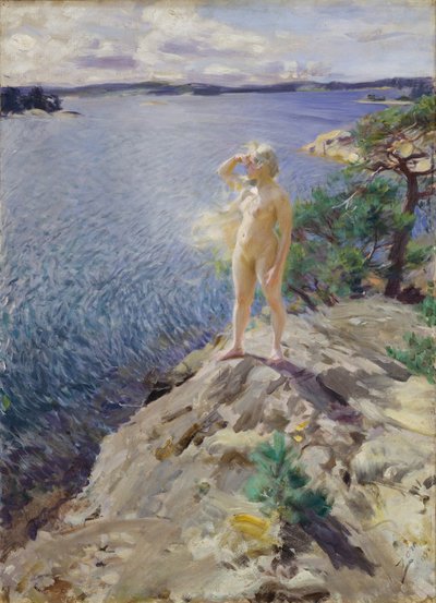 「岩の上」 海辺で地平線をスキャンする裸の若い女性 - アンダース・レナード・ゾーン (1860-1920) による絵画 1894年 オスロ国立美術館 ノルウェー 作： Anders Leonard Zorn