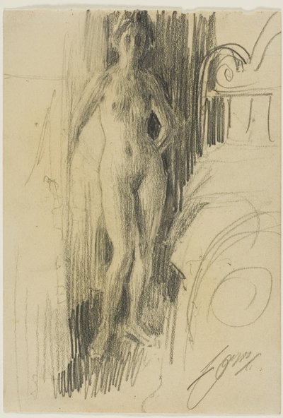 ベッドのそばに立つ裸体 作： Anders Leonard Zorn