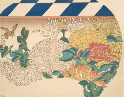 扇形のデザインの菊、1840年代、1840年代。 作： Ando Hiroshige