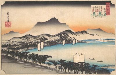 粟津市の晴天 1832年頃。 1832年。 作： Ando Hiroshige