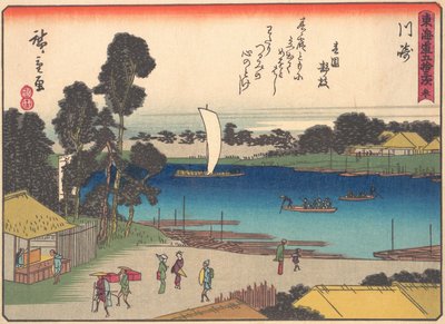 東海道五十三次シリーズの川崎、20世紀初頭。 作： Ando Hiroshige