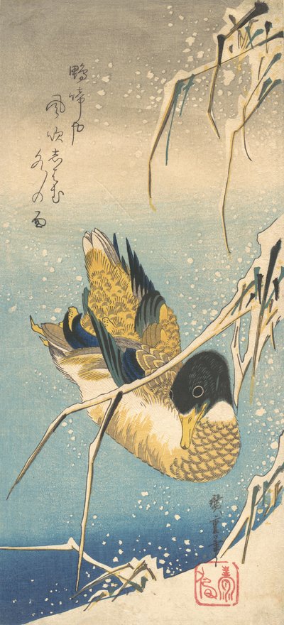 マガモと雪に覆われた葦、カリフォルニア州。 1832年頃。 1832年。 作： Ando Hiroshige