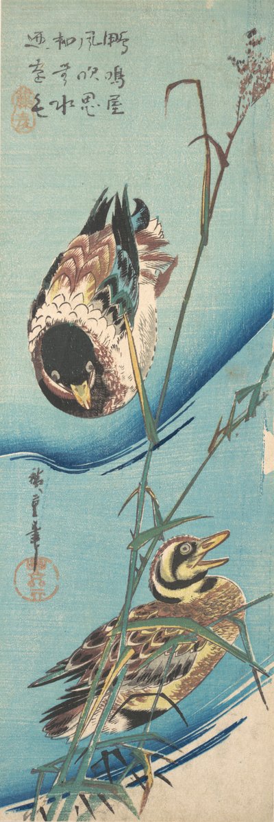 マガモと雪に覆われた葦、カリフォルニア州。 1843 年。 1843年。 作： Ando Hiroshige