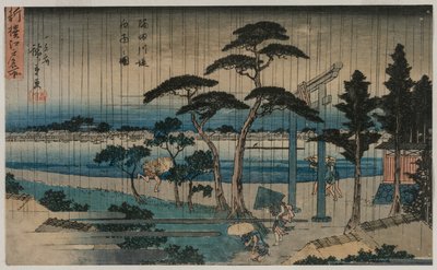 隅田川の堤防での小雨...、1830年代後半または1840年代初頭の写真。 作： Ando Hiroshige
