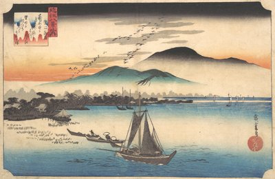 19世紀、堅田で雁を返す。 作： Ando Hiroshige