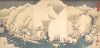 1857年、巳年8月の雪の木曽山脈。 作： Ando Hiroshige