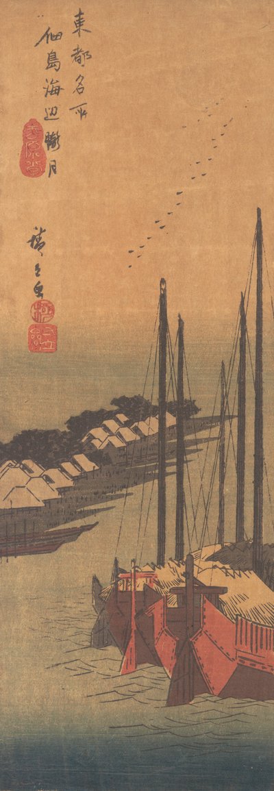 佃島 の 朧月。 作： Ando Hiroshige