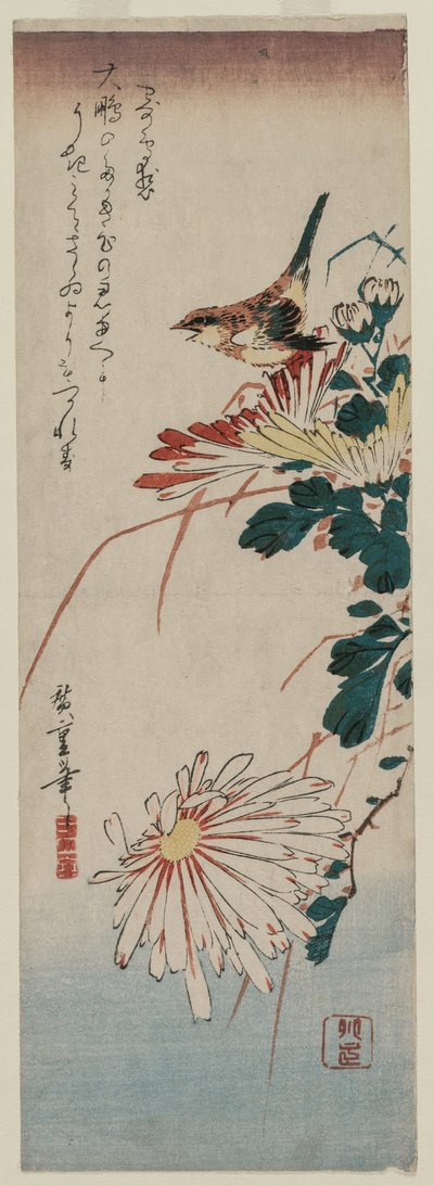 ウグイスと菊、1830年代半ば。 作： Ando Hiroshige
