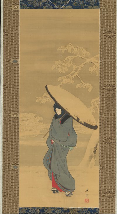 雪の中を歩く女性、1840年代〜1850年代初頭。 作： Ando Hiroshige