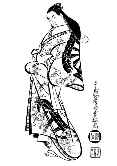髪を下にした女性、1700年代。 作： Ando Kaigetsudo