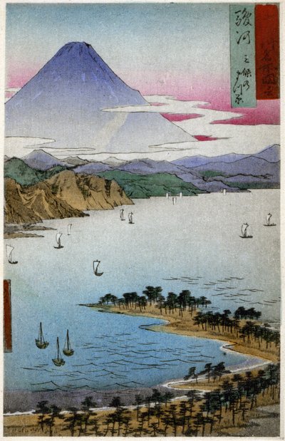 地理日本。富士山。広重による木版画：東海道五十三次（1833-1834）。日本、1900年頃（絵葉書） 作： Ando or Utagawa (after) Hiroshige