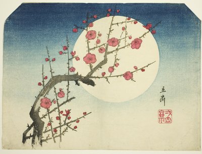 夏月に対する赤い梅の枝、1840年頃（色木版画;うちわ絵） 作： Ando or Utagawa Hiroshige