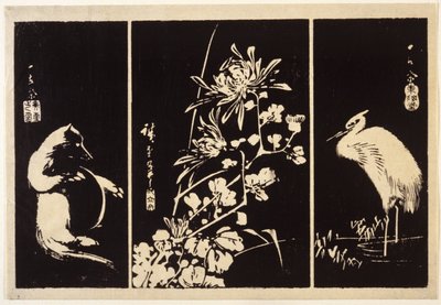 アナグマと菊と鶴 作： Ando or Utagawa Hiroshige