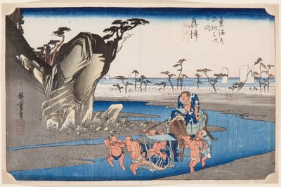 Deux lutteurs de Sumo traversant la riviere Okitsu.Estampe de Utagawa Hiroshige (1797-1858), vers 1830 - 歌川広重（1797-1858）による、興津の近くの興津川を渡る二人の力士。カラー木版画 作： Ando or Utagawa Hiroshige