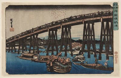 両国橋で夕涼み」（カラー木版画 作： Ando or Utagawa Hiroshige