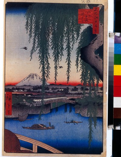 日本語版画: 八ツ見橋 (東京、日本) のビュー。 名所江戸百景シリーズ。 （名所江戸百景 八隅橋の眺め）。 歌川広重 (1797-1858) の作品、木版 (37x24 cm) 作： Ando or Utagawa Hiroshige