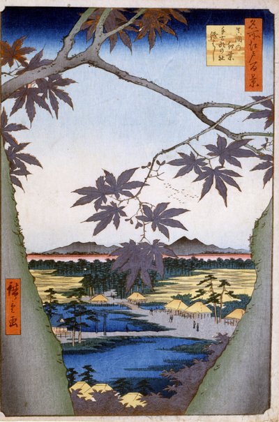 テコナテンプルとツギハギでママにカエデ。1857.葛飾（歌川）広重（1797-1858）の版画です。 作： Ando or Utagawa Hiroshige