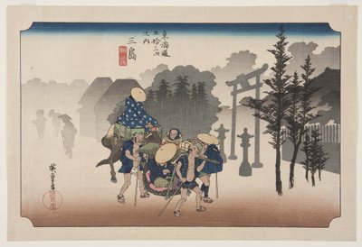 三島朝霧（三島、朝霧）（カラー木版画 作： Ando or Utagawa Hiroshige